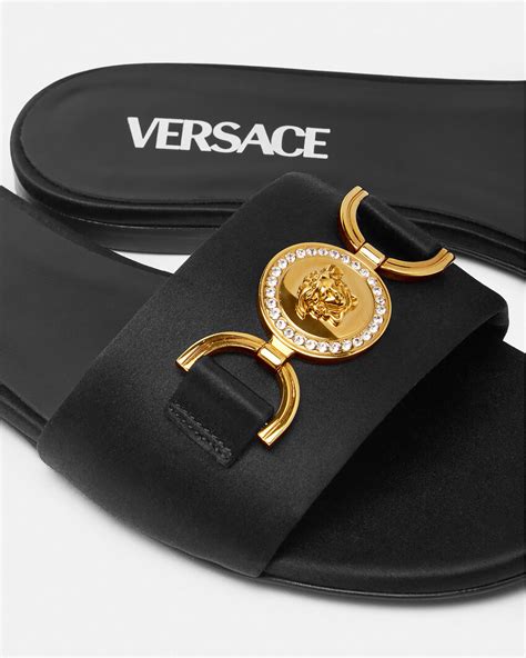 versace medusa head slide sandal black|medusa '95 satin flat sandals.